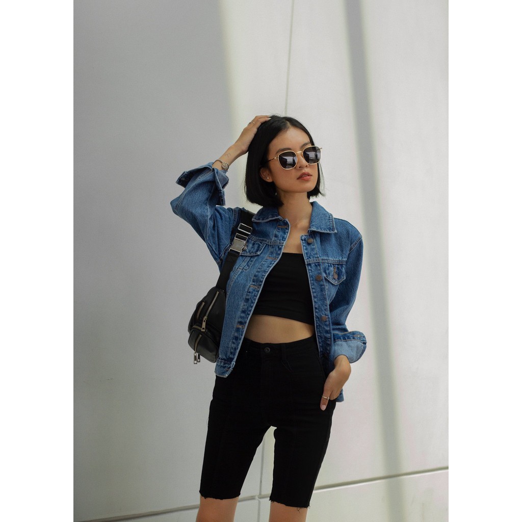 là min - Áo Khoác Denim Màu Xanh Đậm