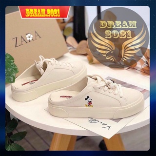 🌹🌹[ Full Bill + Box]🌺Giày Thể Thao nữ hở gót, sục mickey, giày đạp gót zara vải canvas in hình chuột mickey
