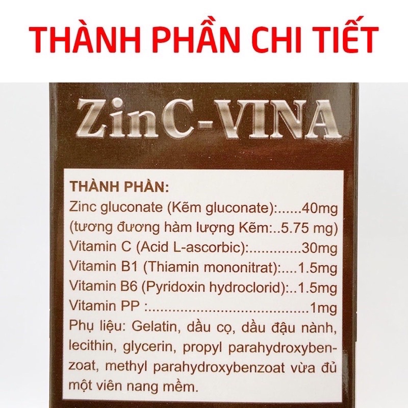Viên uống tăng sức đề kháng ZinC - Vina - giúp bổ sung kẽm cho cơ thể, giảm nguy cơ các bệnh do thiếu kẽm - Hộp 100 viên
