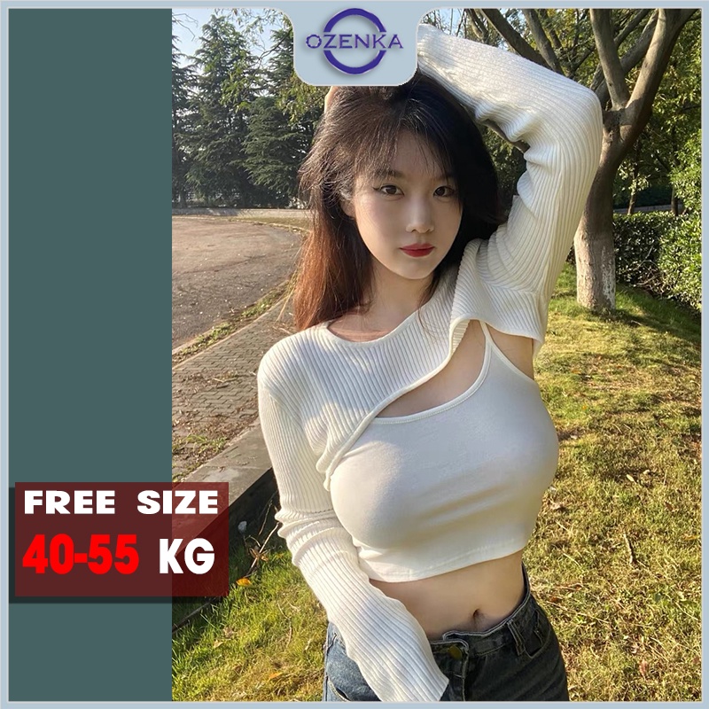 Áo croptop ngắn tay dài kiểu nữ OZENKA , áo dệt kim mặc kèm sang chảnh gợi cảm vải gân cotton 100% màu đen trắng
