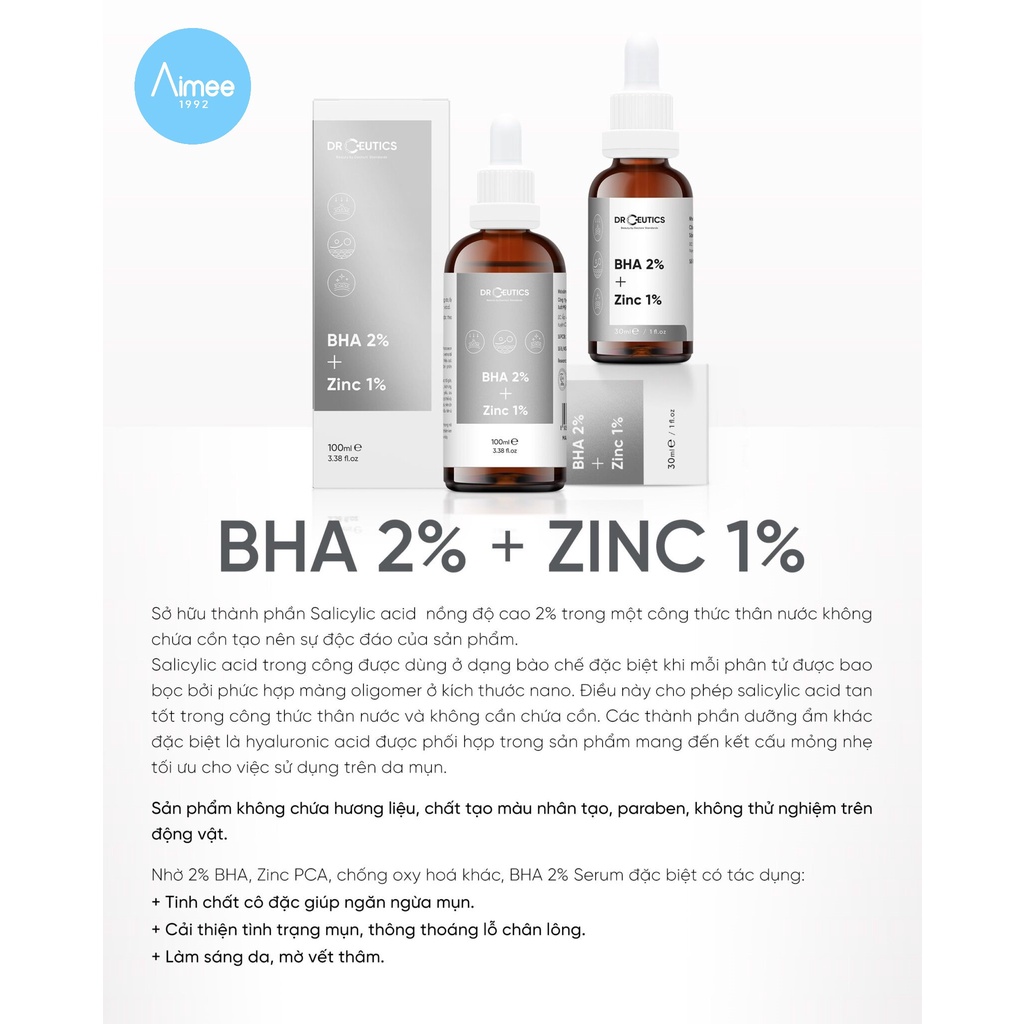 Serum BHA 2% + ZinC 1% DrCeutics Giảm Mụn Và Giảm Sưng Mụn 30ml [Aimee1992]