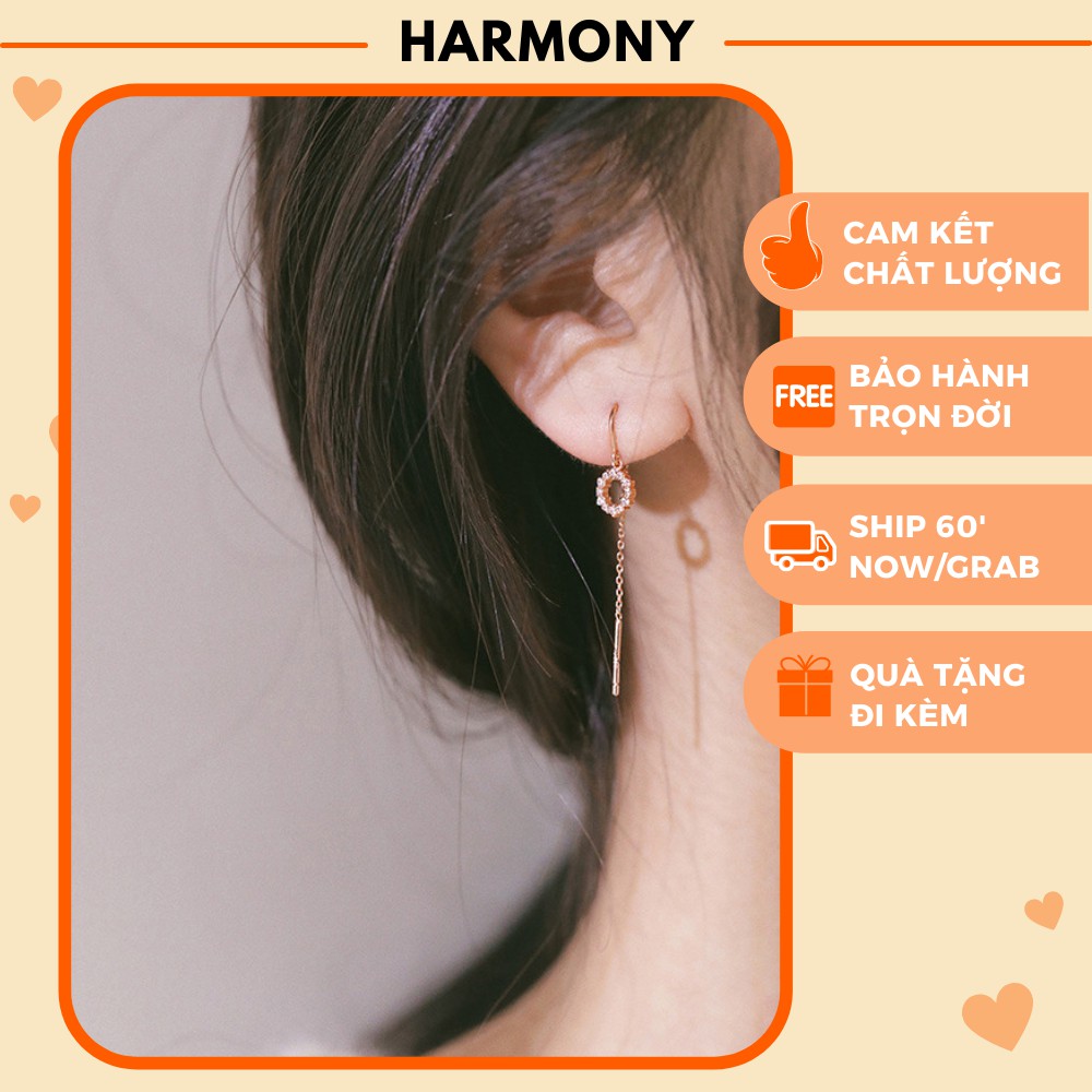 Bông tai, khuyên tai bạc nữ Circle Heaven dáng dài đính đá xinh xắn, sang chảnh K30 | TRANG SỨC BẠC HARMONY