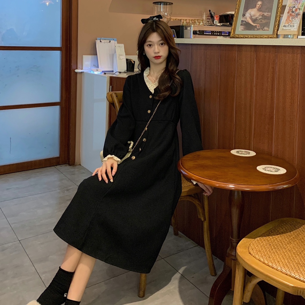 Đầm PERTY vải nhung cổ chữ V dáng rộng phong cách retro thời trang dành cho nữ