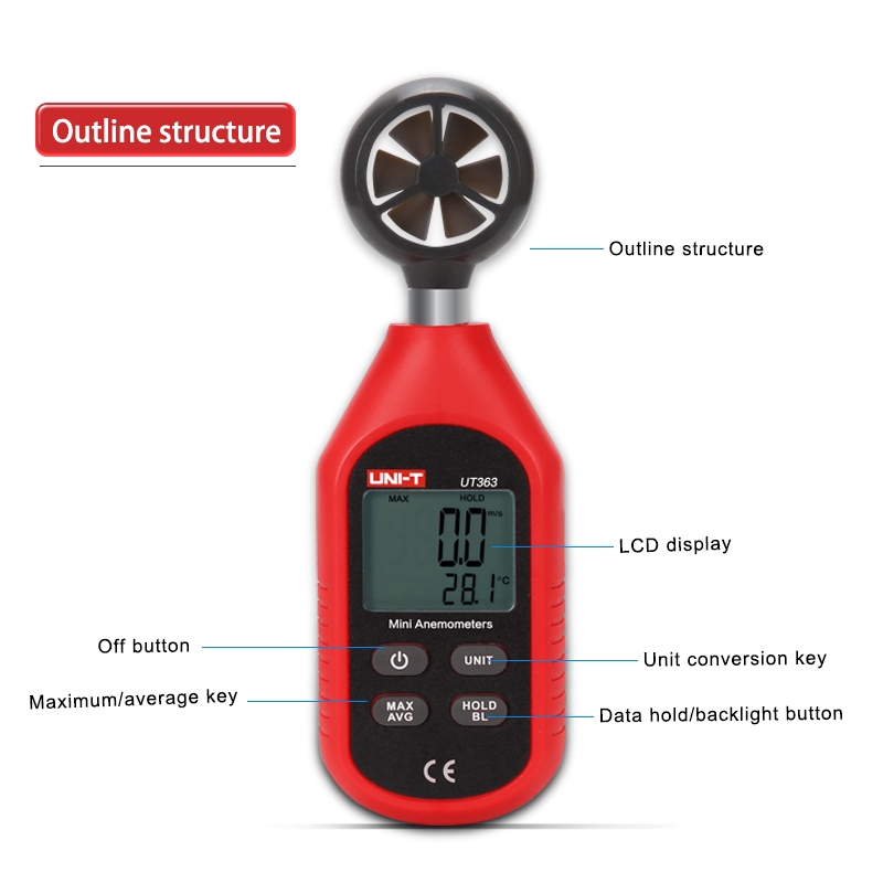 Máy đo tốc độ nhỏ ° C / ° F Màn hình LCD đo nhiệt độ gió Hai màn hình Giữ dữ liệu trung bình tối đa được sử dụng trong hệ thống sưởi UT363