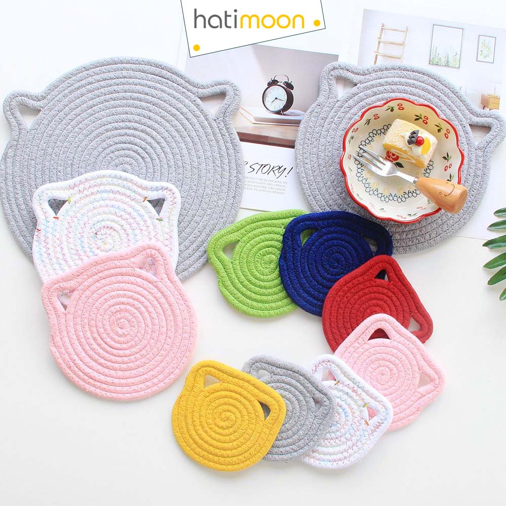 Tấm lót decor, đế lót, miếng lót ly cốc tròn sợi vải hình tai mèo 12 cm  - Hatimoon - HTL310