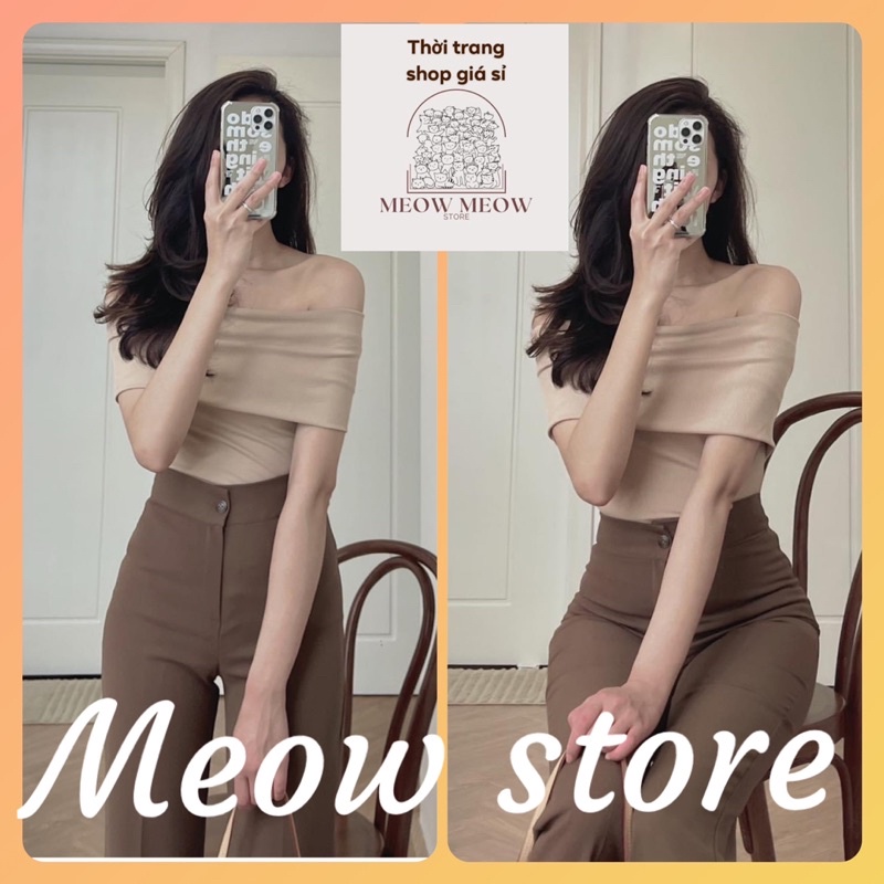 Áo kiểu bẹt vai ôm body chất gân phong cách thu đông