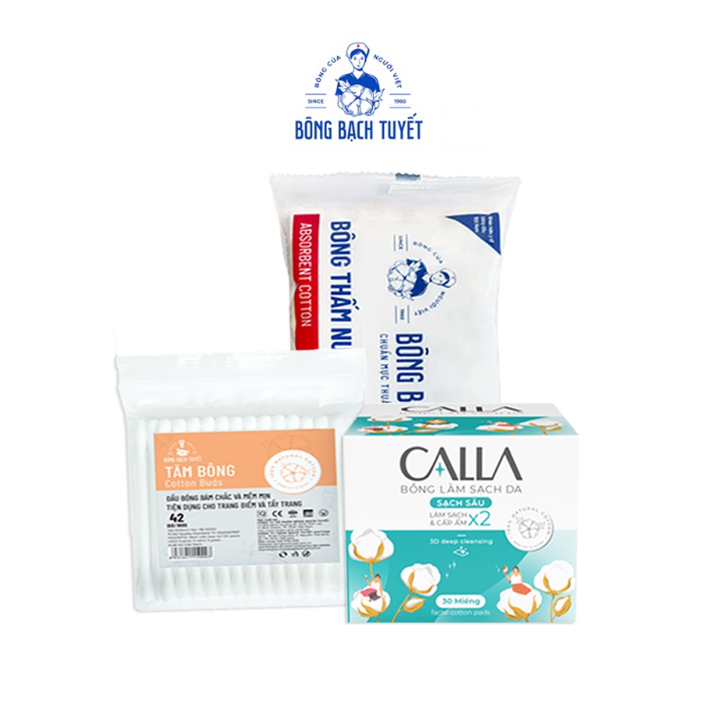 Combo 3 món Bông Bạch Tuyết: Bông làm sạch da Calla 30 miếng + Bông y tế 5G + Tăm bông người lớn
