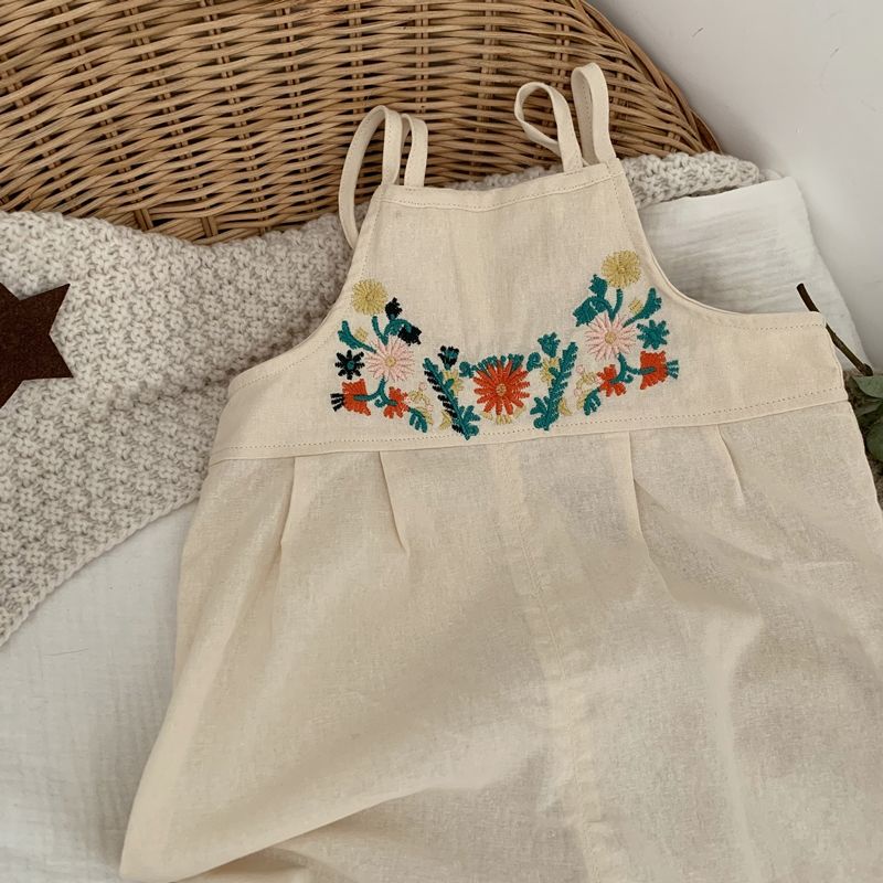 Quần Yếm Vải Lanh Ống Rộng Thêu Hoa Phong Cách Dân Tộc Thời Trang Mùa Hè 2022 Dành Cho Bé Gái