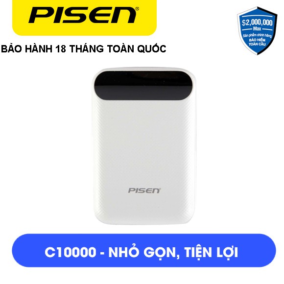 Pin Sạc Dự Phòng Pisen Power Box C10000 LED 10000mAh (Mini, Type-C & Micro, 2xUSB, LED) Trắng