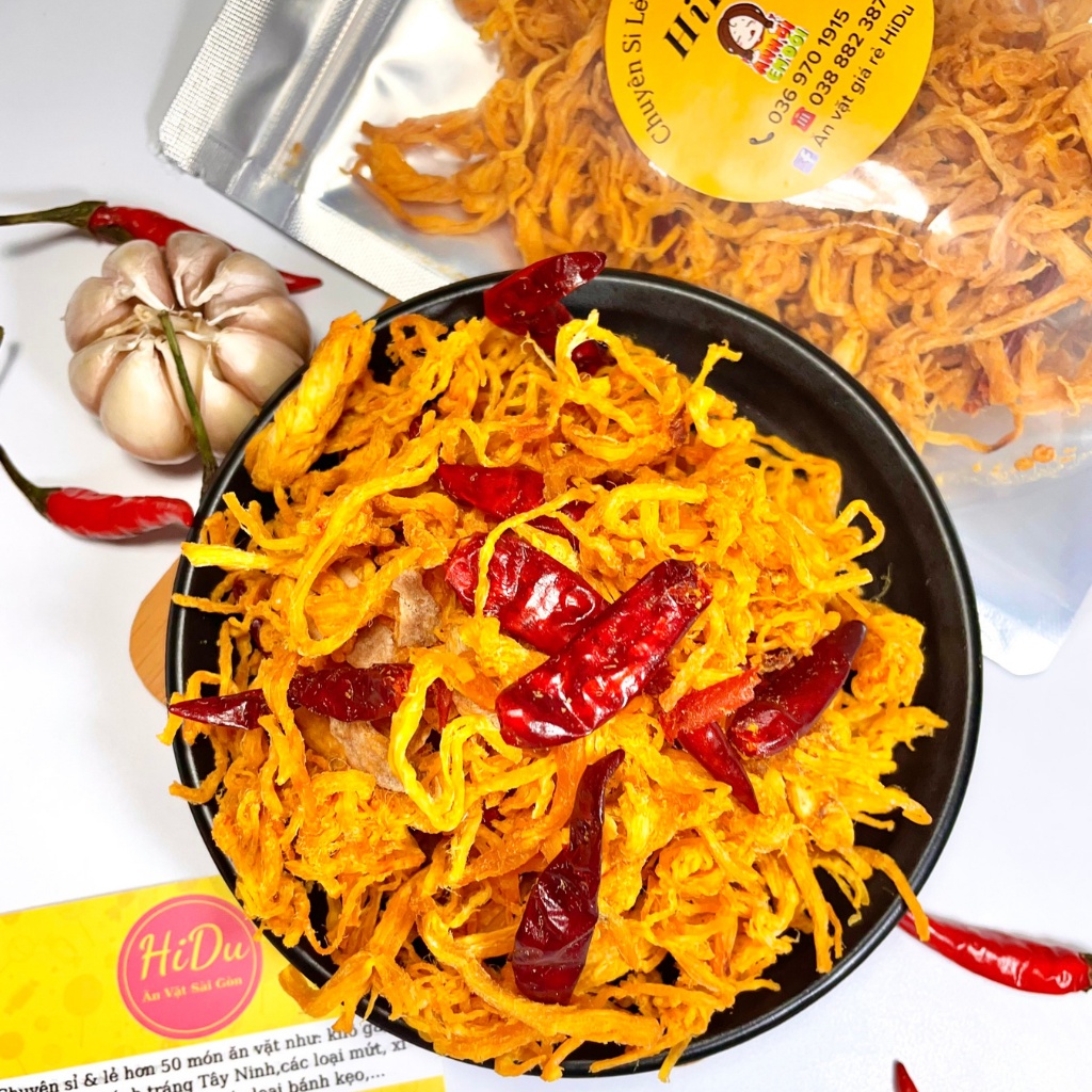 500gr Khô gà bơ tỏi cay giòn loại 1 Ăn vặt HiDu vừa ngon vừa rẻ