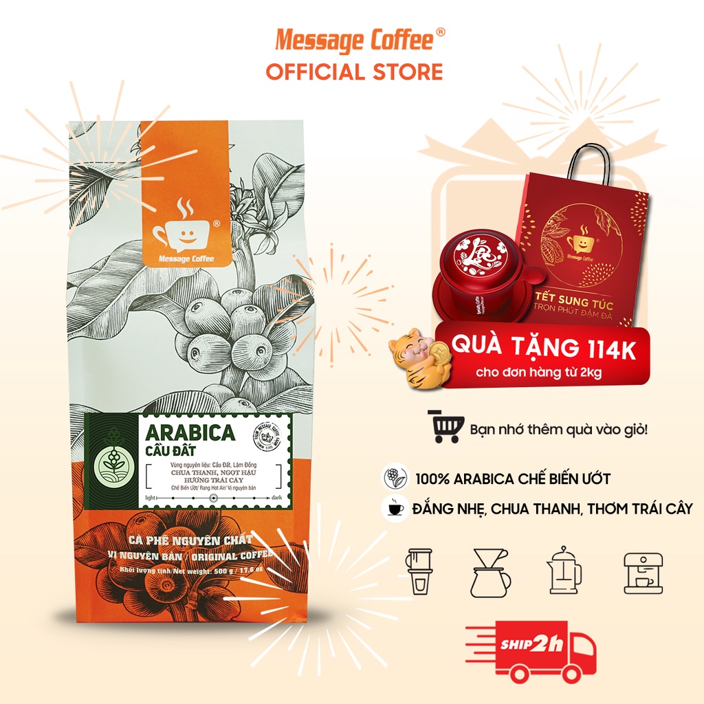 [TẶNG PHIN] 2kg Cà phê ARABICA Cầu Đất đặc biệt hạt,bột- 100% cafe mộc nguyên chất, pha phin máy, ngon từ Message Coffee