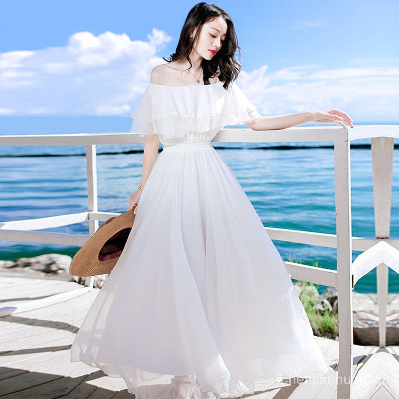 váy trắng kỉ yếu công chúa trễ vai Trắng Quây Voan Đầm Mùa Hè Mới Của Phụ Nữ Hàn Quốc Cổ Cao Mỏng Khu Nghỉ Mát Bãi Biển Váy Cổ Tích