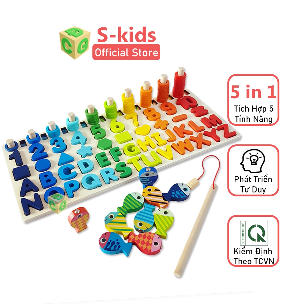 Đồ Chơi Trẻ Em S-Kids, Bảng Chữ Cái, Số Đếm, Hình Học bằng gỗ Tích Hợp Trò Chơi Câu Cá Cho Bé.