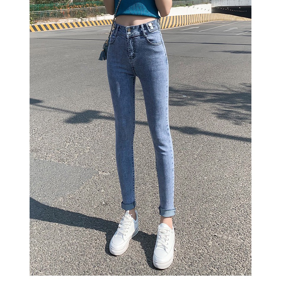 Quần jean nữ Bigsize Dài lưng cao, lưng kiểu đai 2 nút, màu xanh đá 3947