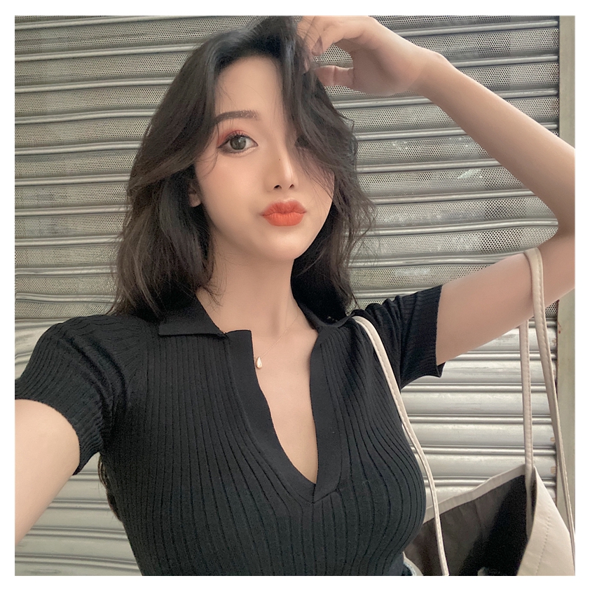 Áo dệt kim SUXI ngắn tay cổ chữ V phong cách retro