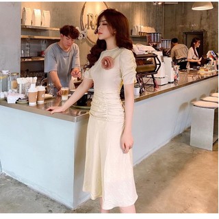 ĐẦM XÒE NGỰC ĐÍNH HOA VẢI EO NHÚN LY VINTAGE - MH54360 - HÀNG THIẾT KẾ