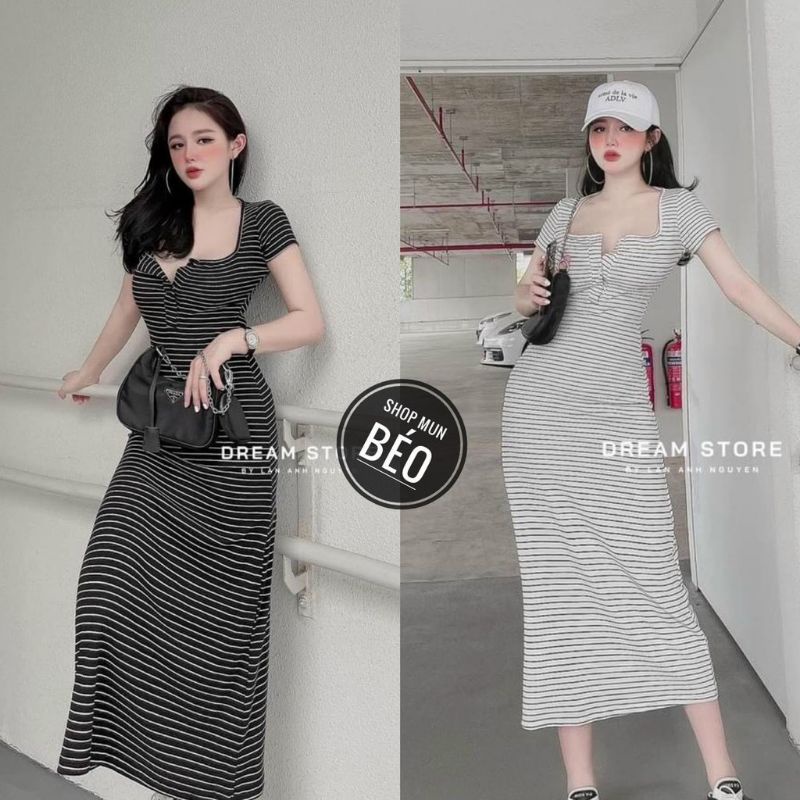 ĐẦM BODY CỔ VUÔNG NÚT CÀI NGỰC FROM DÀI CHẤT THUN GÂN SỌC CO DÃN ĐA CHIỀU NG88