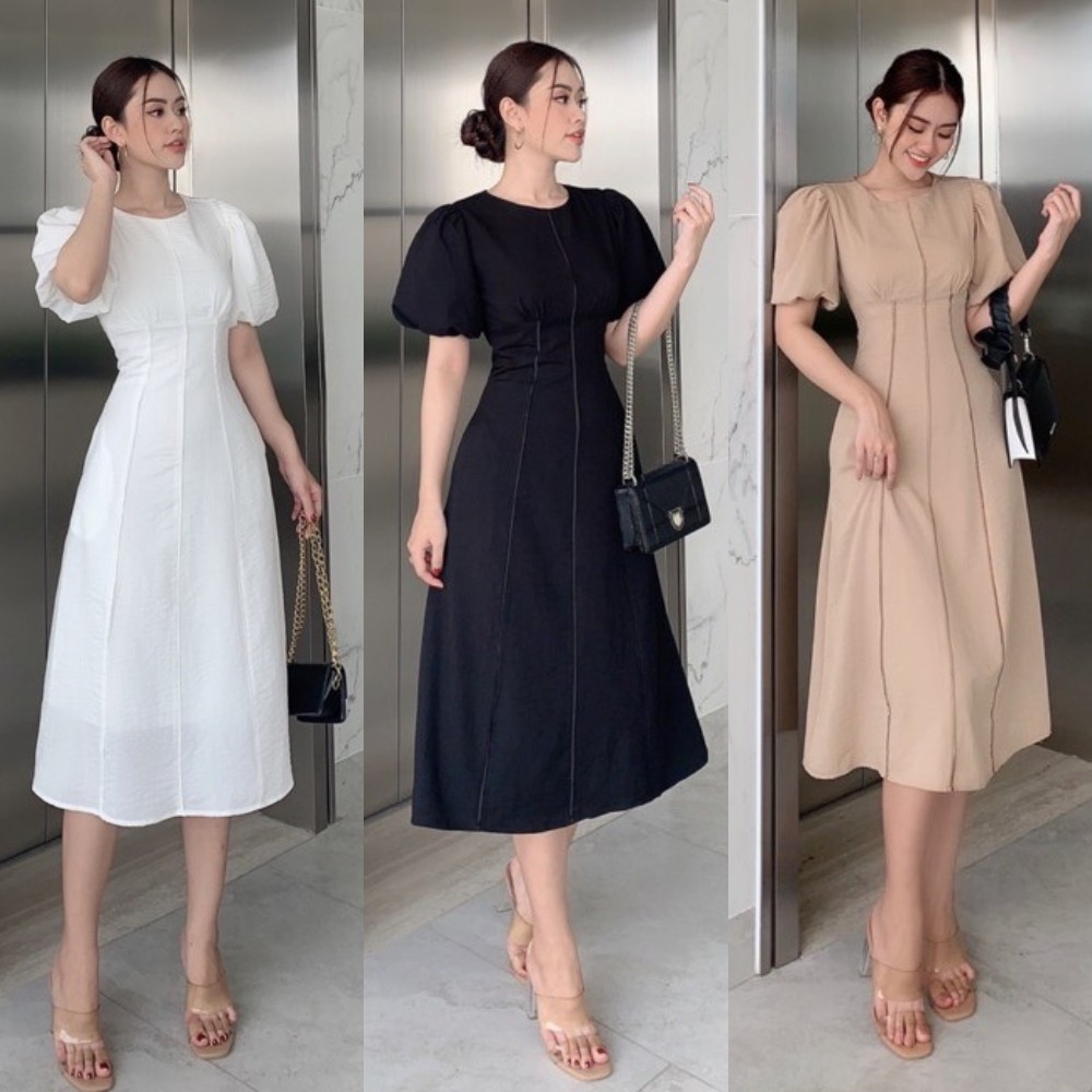 Đầm Dự Tiệc Đầm Thiết Kế Midi Viền Tay Bồng Xinh Lung Linh Hanaki HNK1001 | BigBuy360 - bigbuy360.vn