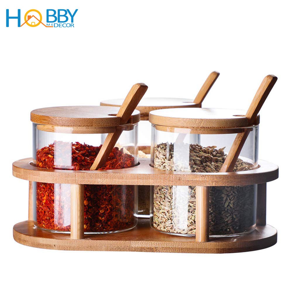 Bộ 3 hủ thủy tinh đựng gia vị khay gỗ HOBBY Home Decor HGVTG - gỗ tre có nắp và muỗng - mẫu tam giác