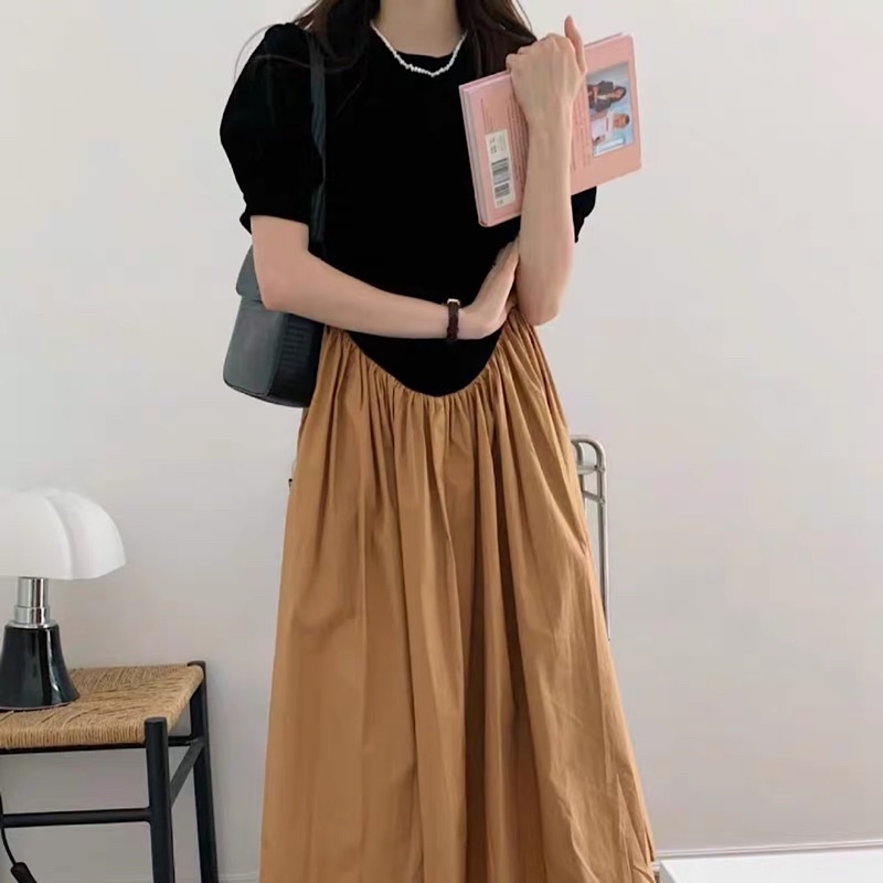 Đầm dáng dài phối màu xoè bồng siêu xinh phong cách tiểu thư_ hàng Quảng Châu cao cấp