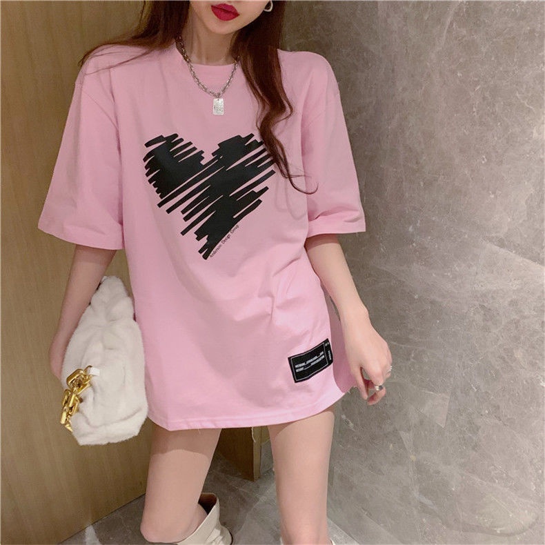 Áo Thun Cotton Tay Ngắn Dáng Rộng In Họa Tiết Trái Tim Xinh Xắn Dành Cho Nữ