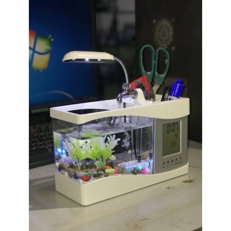 Bể cá mini để bàn kiêm Đồng hồ, Lịch hiển thị đèn led