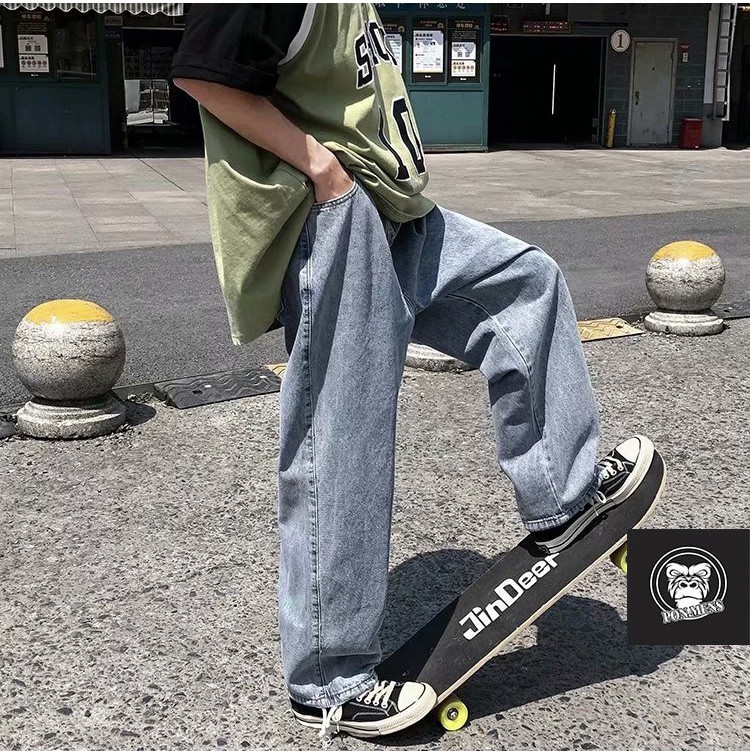 Quần jean ống suông rất rộng nam nữ lưng chun màu xanh 2021 | BigBuy360 - bigbuy360.vn