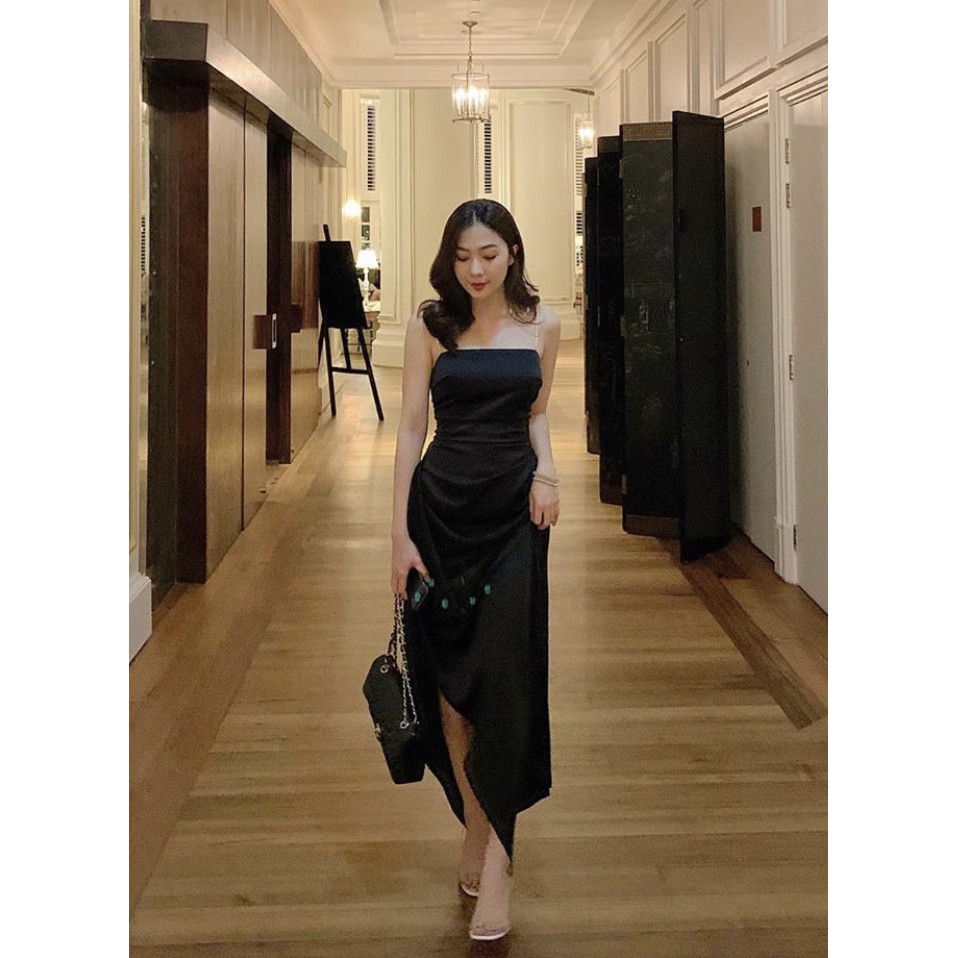 (VIDEO+HÌNH THẬT) Đầm Phi Lụa Nhung Vạt Xéo Dây Vai Kết Cườm (ĐEN) | BigBuy360 - bigbuy360.vn