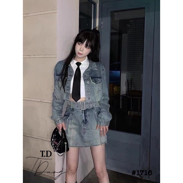 Set áo khoác jean + chân váy kèm đai hàng QCL1