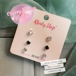 Set 3 đôi bông tai , hoa tai , trang sức kiểu hình thoi, hột tròn đen và ngôi sao mini lấp lánh khuyên nụ cho bé gái
