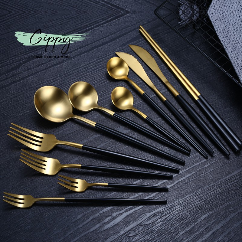 Dao thìa dĩa màu gold, màu bạc chuôi đen phong cách Bắc Âu - Gippy Decor