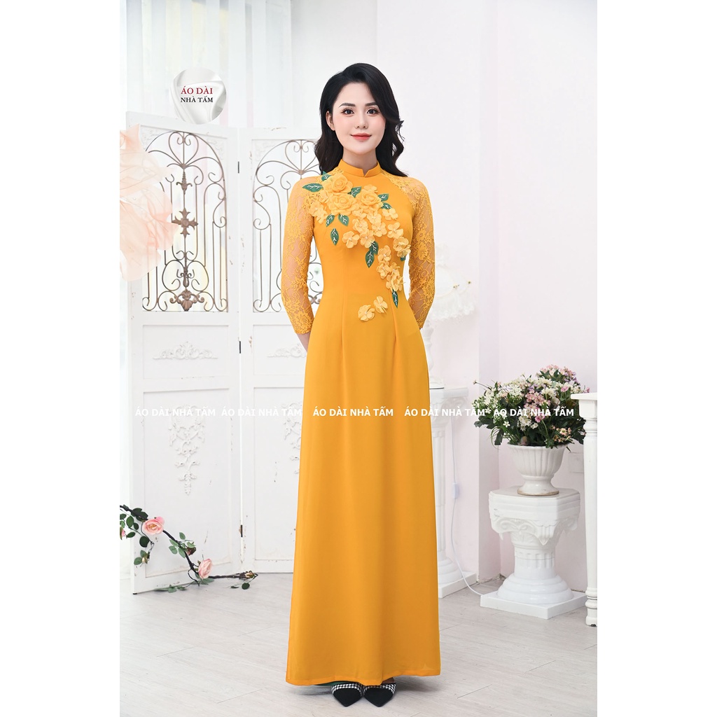 ÁO DÀI TRUYỀN THỐNG THÊU ĐÍNH HOA NỔI, ÁO DÀI NHÀ TẤM - MÃ C4