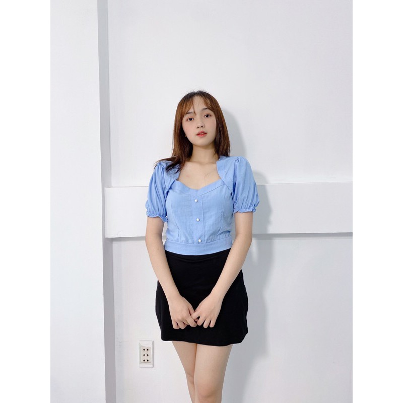 Áo kiểu nữ dáng croptop cổ vuông chất đũi đẹp