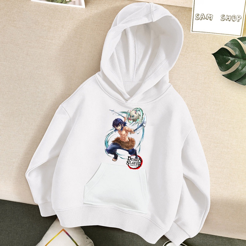 Áo khoác hoodie Demon Slayer Kimetsu no Yaiba màu trắng đủ size cho bé trai bé gái