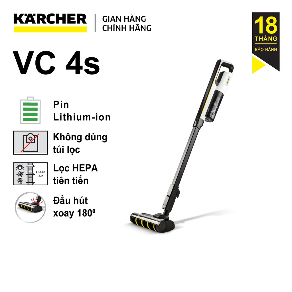 Máy hút bụi cầm tay dùng pin  Lithium-ion Karcher VC 4s với đầu hút xoáy 180 độ- công suất hút 15000 Pa - màu trắng