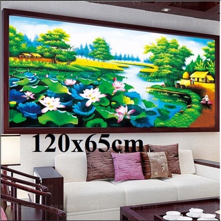 Tranh thêu chữ thập thêu kín phong cảnh đầm sen MN0118 120x65cm