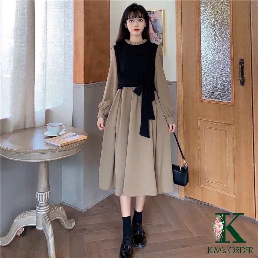 Set váy nữ màu nâu xanh phối đen cổ tròn dài tay tiểu thư phong cách Hàn Quốc Loại 1 dáng xoè hàng Quảng Châu
