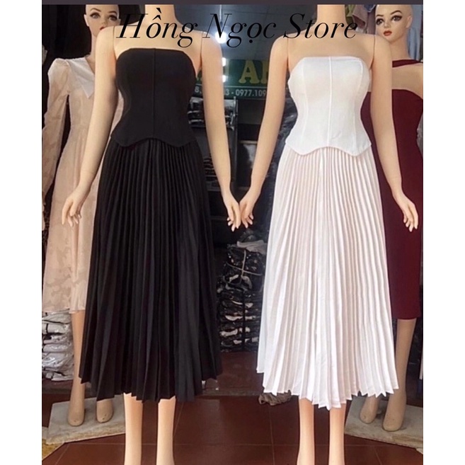 Váy nữ dự tiệc đầm dài áo kiểu áo cúp ngực kèm chân váy màu trắng xếp ly dài đi chơi đều xinh shop HK Design