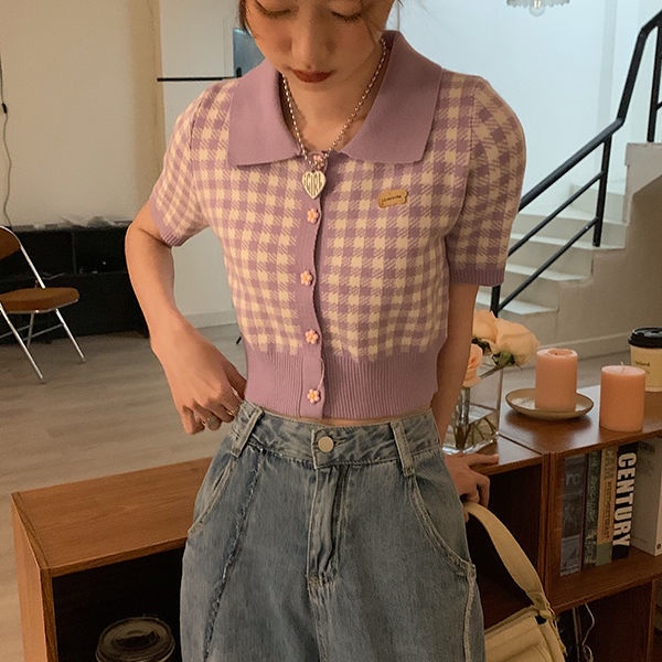 Áo Sweater Dệt Kim Tay Ngắn Kẻ Sọc Phong Cách Hàn Quốc Thời Trang Mùa Xuân Mới Cho Nữ