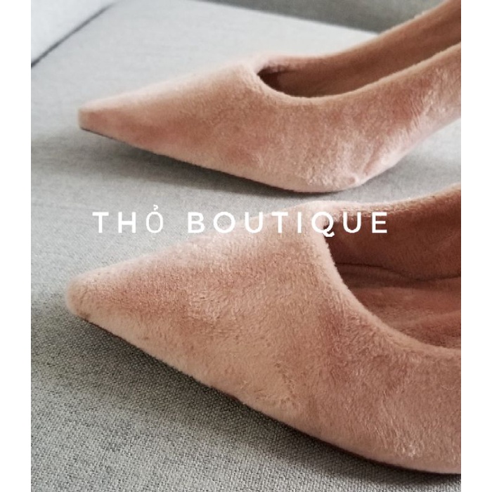 Giày cao gót chính hãng OSSO nhung lông thỏ màu hồng nude pastel 7cm size 38