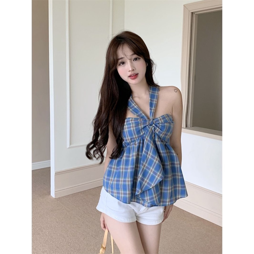 Jiashucheng Áo Hai Dây Dáng Ngắn Sọc Ca Rô Phong Cách Retro Thời Trang Hè Cá Tính Cho Nữ