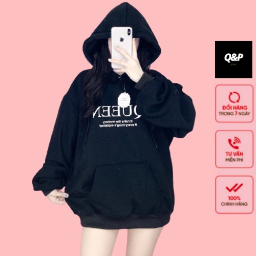 Áo hoodie nữ nam in chữ Queen Chất nỉ dày dặn,tốt,bền GZHD075 Store Q&amp;P