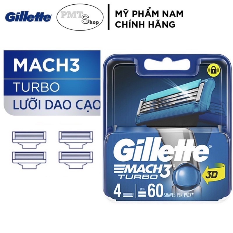 Hộp 4 cái Lưỡi dao cạo Gillette Mach 3 Turbo 3D - Mach3 3 lưỡi cao cấp