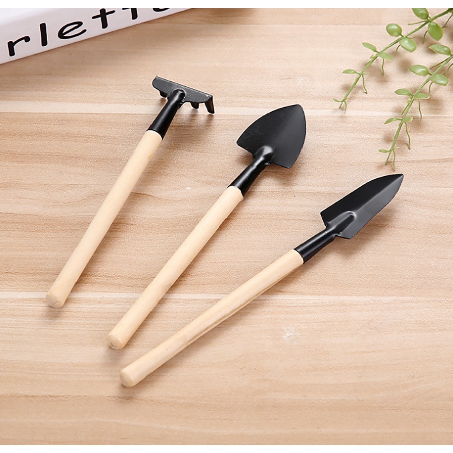 Dụng cụ làm vườn tiện dụng size mini có tay cầm bằng gỗ - Bộ 3 sản phẩm