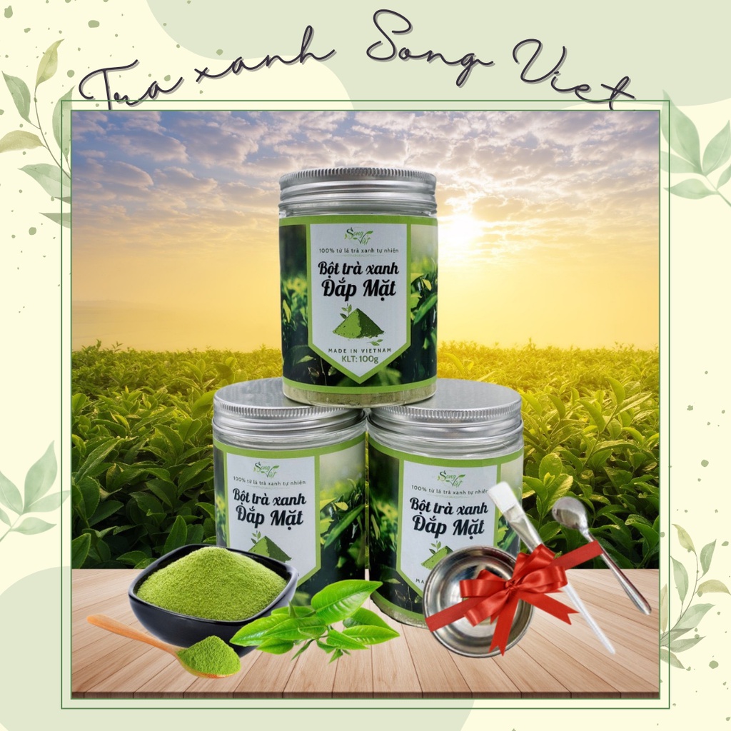 Bột trà xanh làm đẹp nguyên chất Song Việt lọ 100G (Tặng kèm bộ dụng cụ)