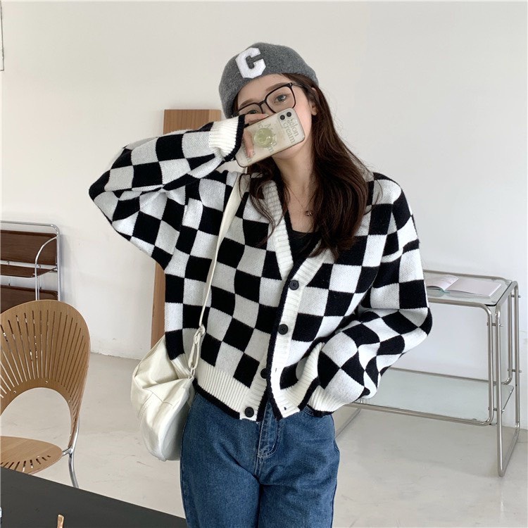 Áo khoác cardigan len dáng rộng croptop kẻ caro phong cách Hàn Quốc trẻ trung chất len mềm mịn