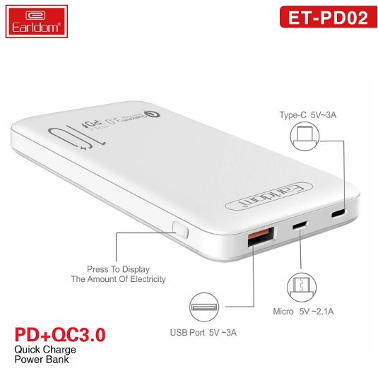 Pin sạc dự phòng 10.000 mAh, Pin tích điện tích hợp sạc nhanh Qualcomm 3.0 dung lượng chuẩn EU, Earldom PD 02 KLH