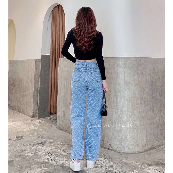 Quần Jeans Nữ [Hàng Cao Cấp] Jeans Lưng Cao Dáng Suông Ống Rộng Họa Tiết Caro Ulzzang Chất Bò Cao Cấp Vải Mềm Mịn