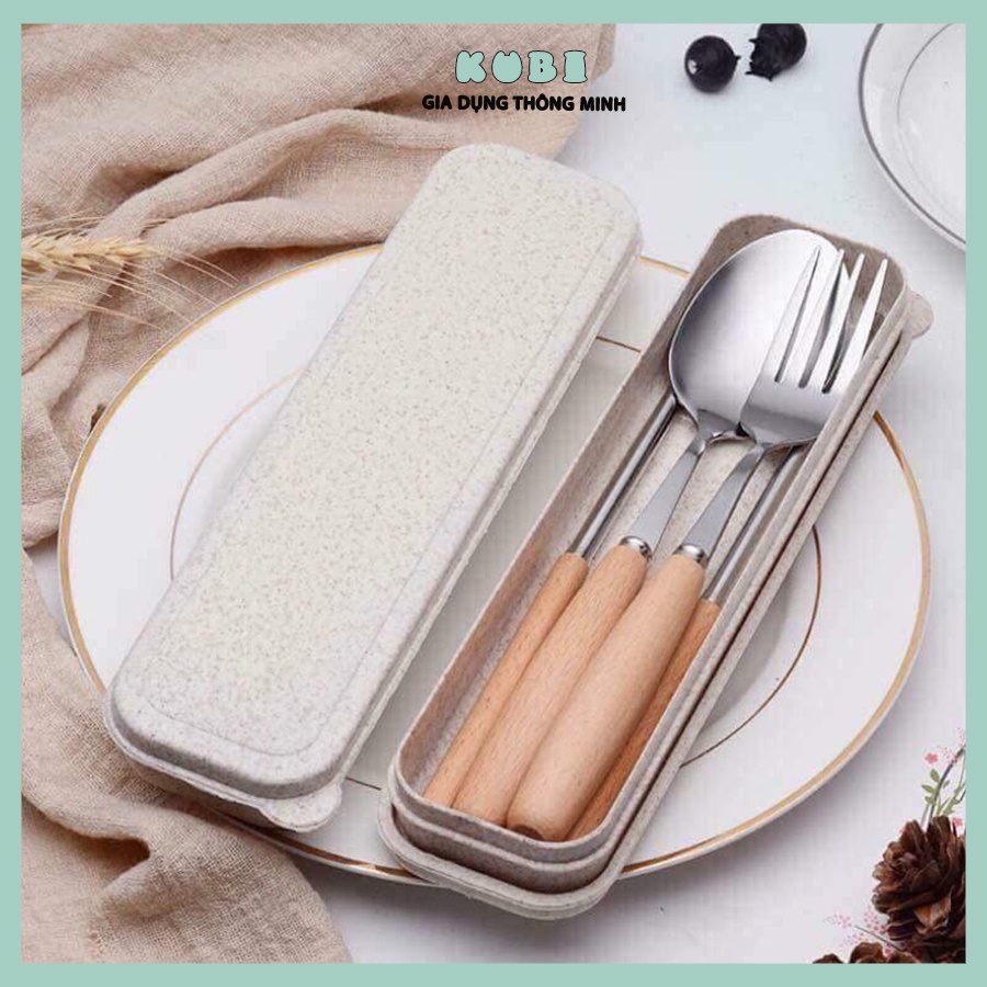 Bộ đũa thìa dĩa Inox cán gỗ(kèm hôp)