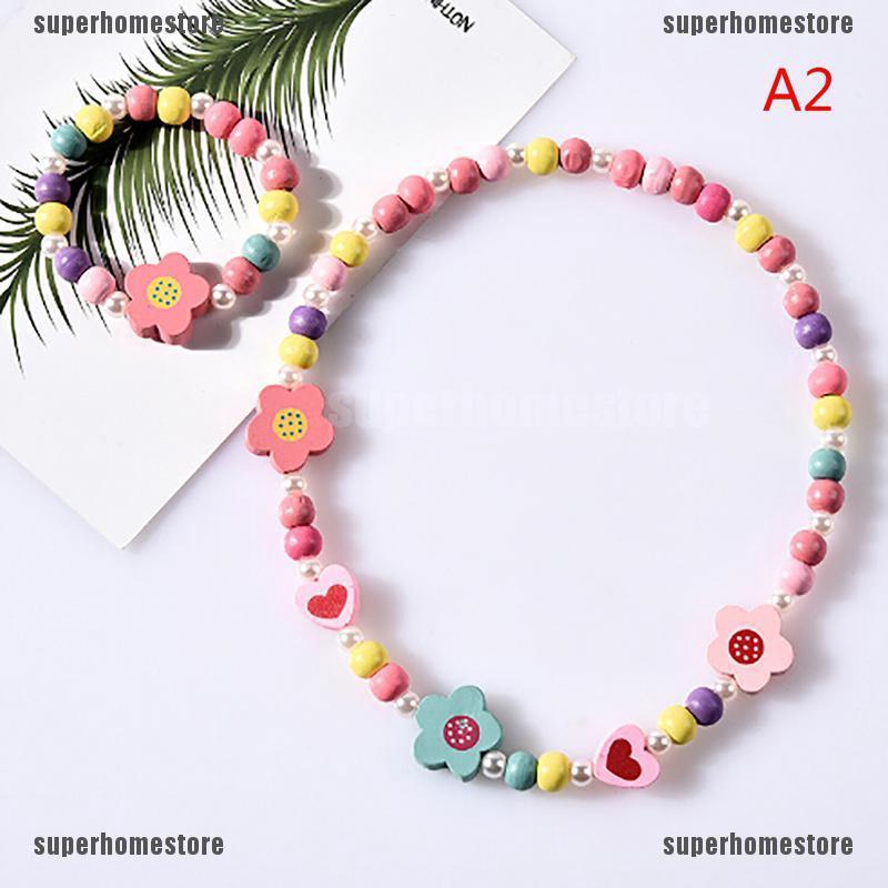 1 Set Vòng cổ Chuỗi Hạt Gỗ Hình Động Vật Hoạt Hình Cho Bé Gái
